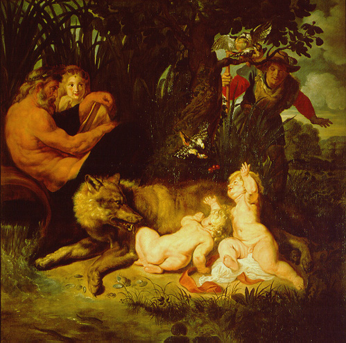 Rzym starożytny - królowie Rzymscy - obrazy - Romolo_e_remo. Romulus i Remus karmieni przez wilczycę, Rubens 1618.jpg
