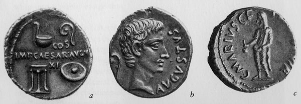 august - Denarius of C. Antistius Vetus, Rome, 16 BCE. The sacred utensils designate the four major priest.jpg